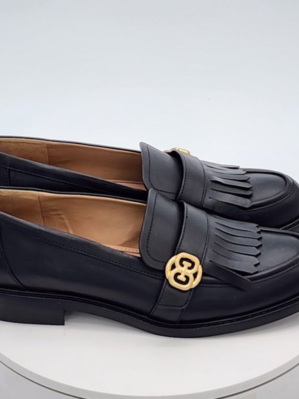 Black Leather Fringe Loafers with Gold Accent - Picture 2 of 9